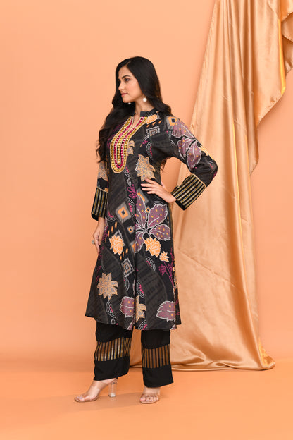 Black Cotton Print Kurta Pant Set