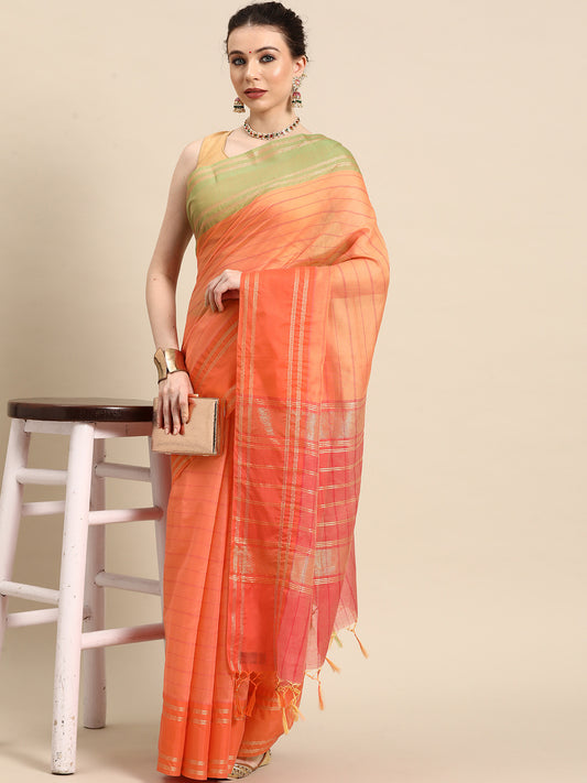 Designer Orange Linen Blend Saree