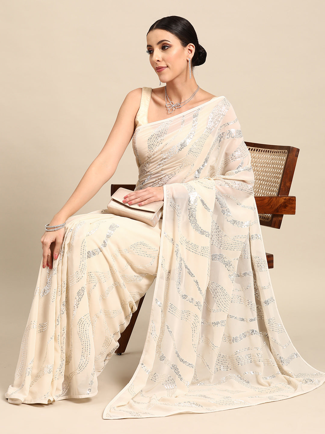 Designer White Georgette Saree