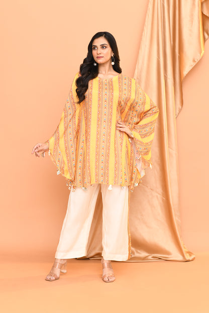 Yellow & White Georgette Kaftan Short Set