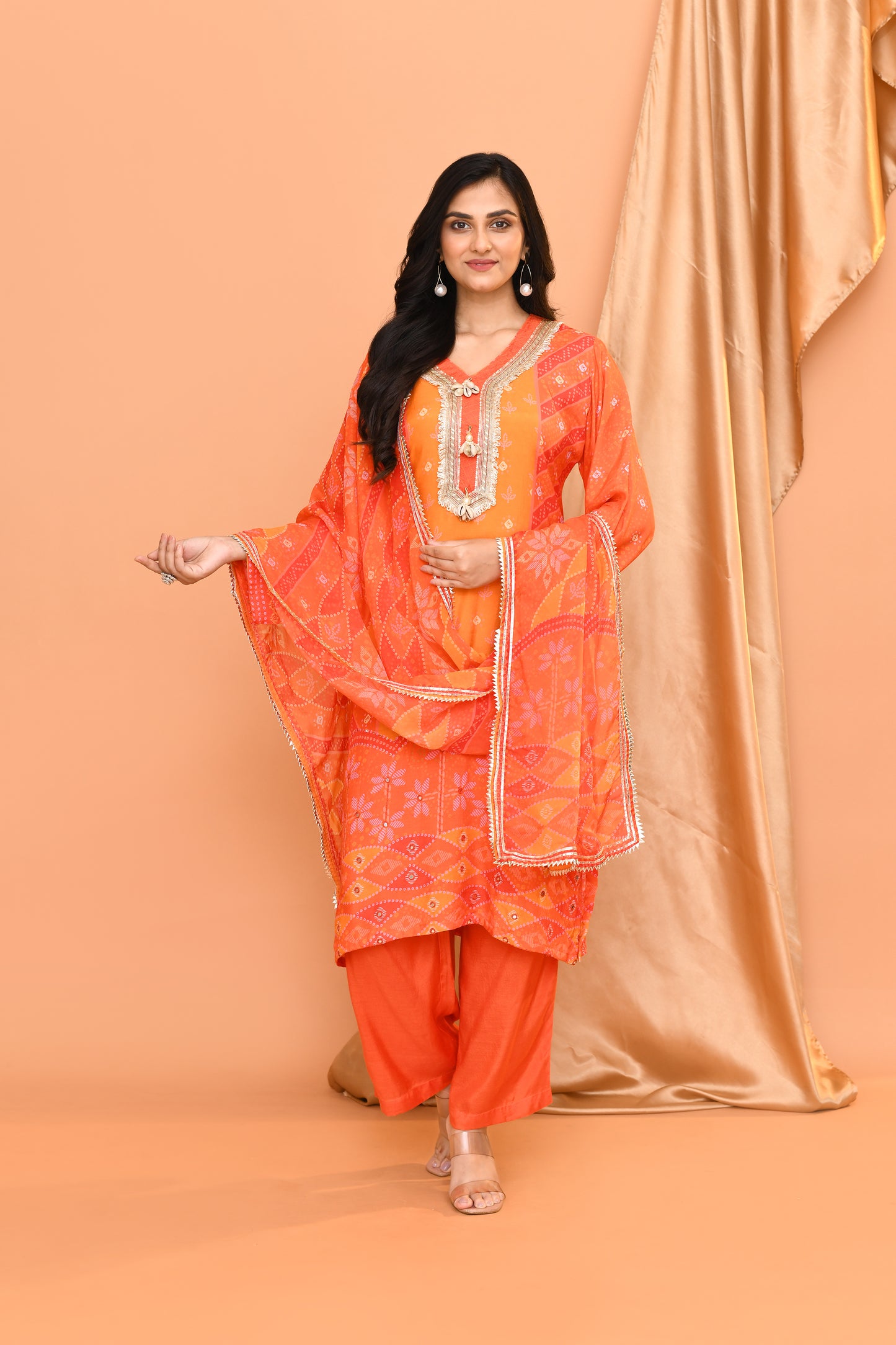 Orange Cotton & Georgette Dupatta Set