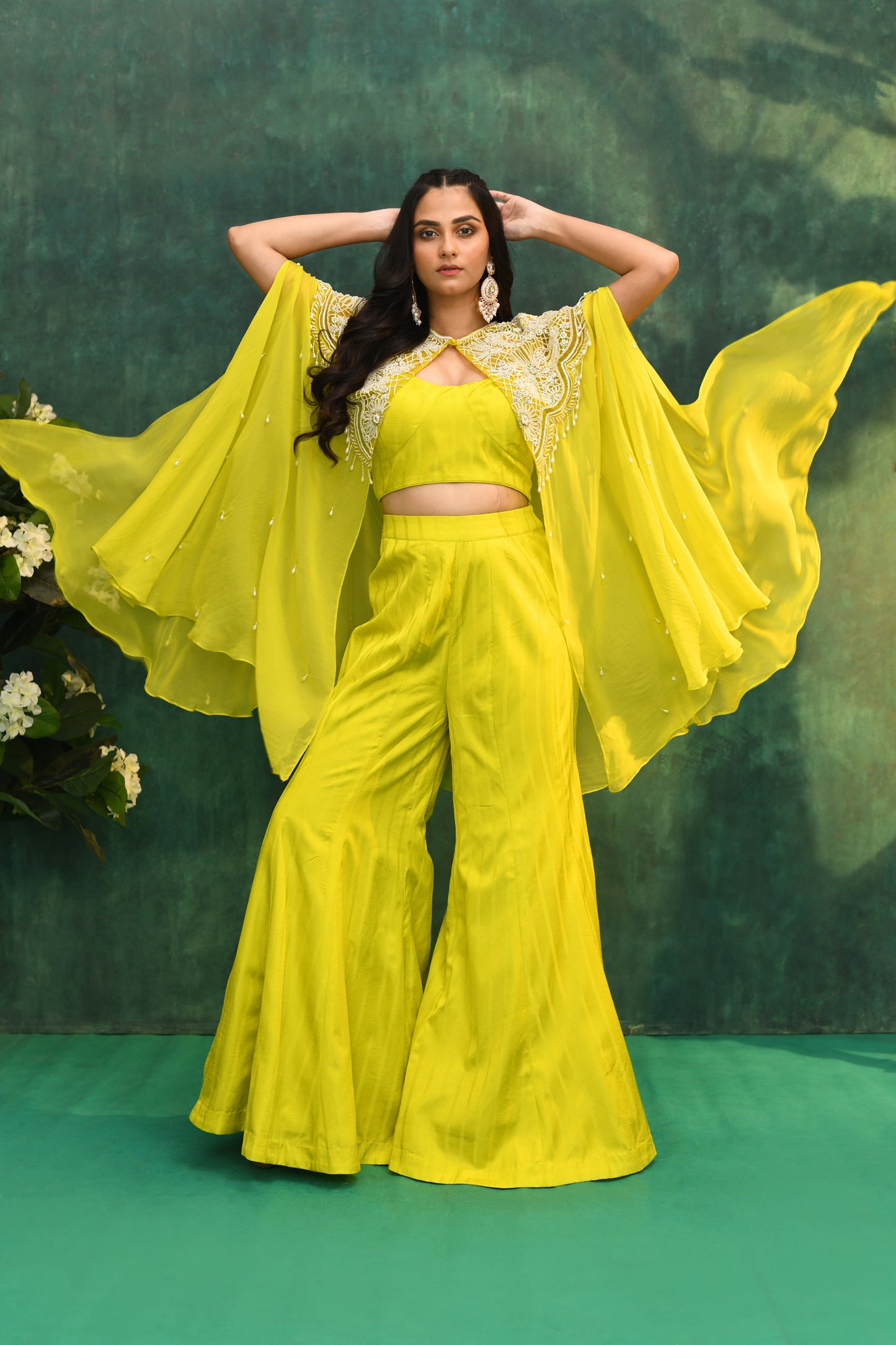 Yellow Silk Cape Jacket with Palazzo Pants