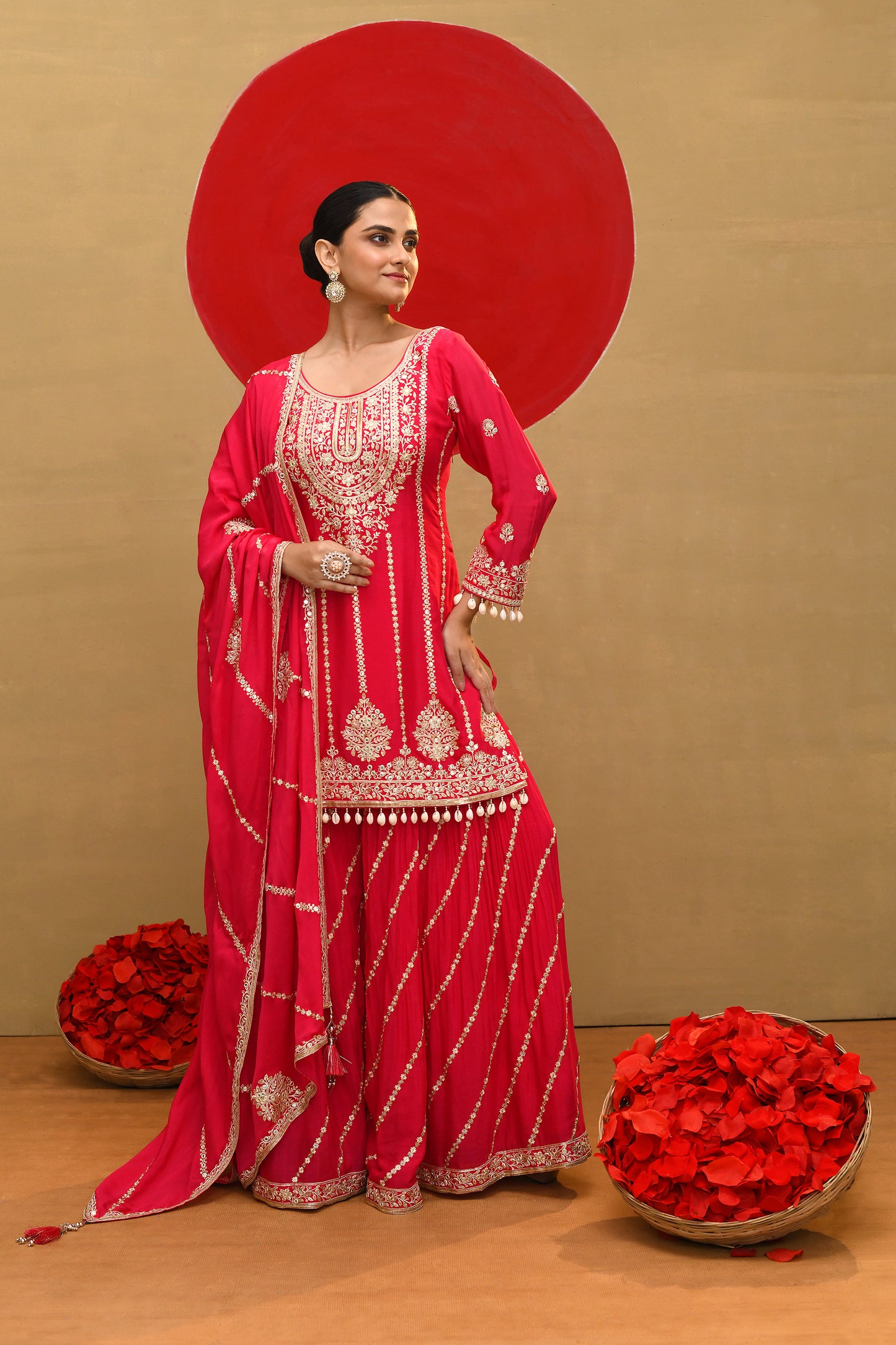 Festive Red Zari Embroidered Kurta Set