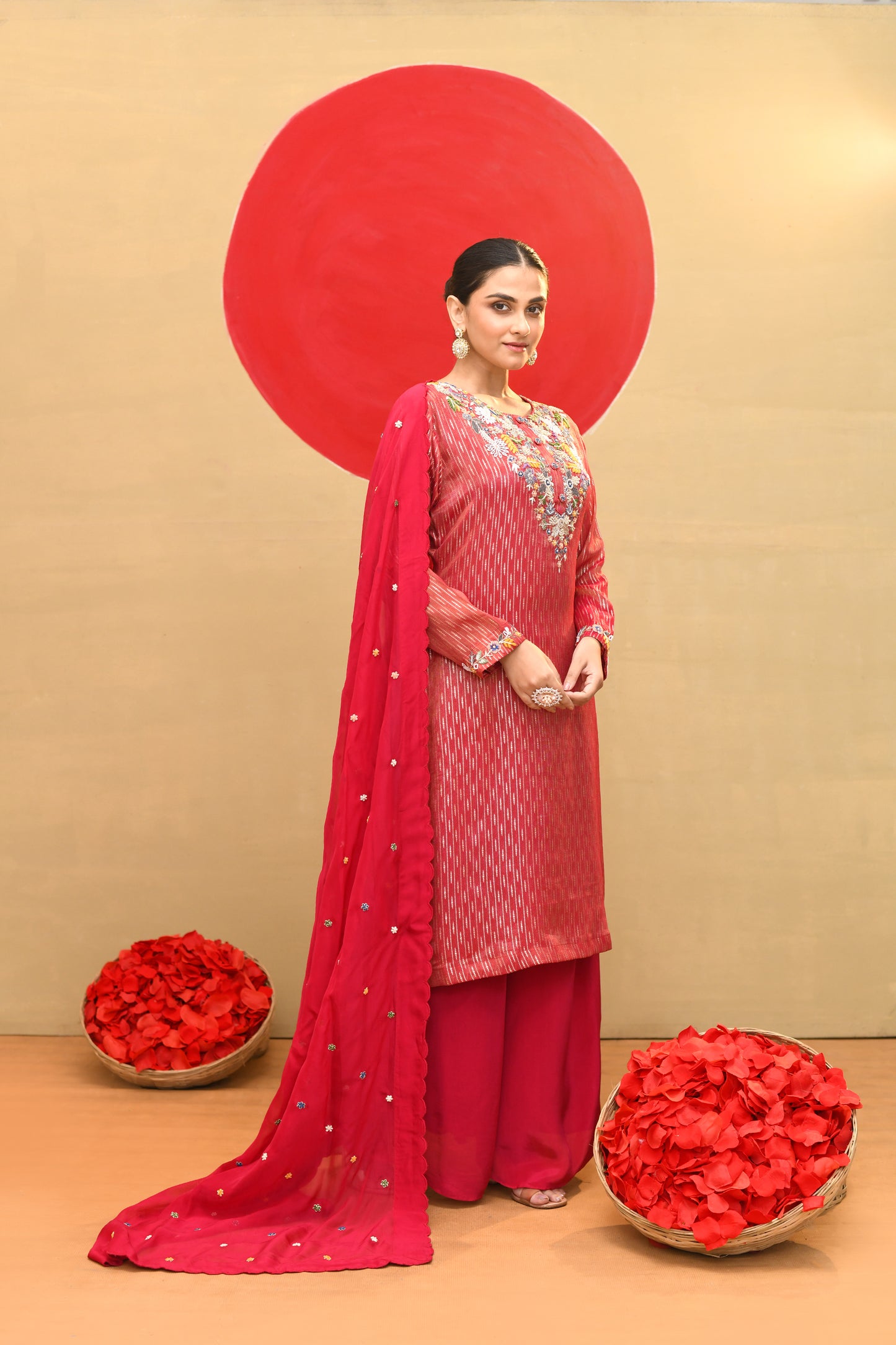 Luxurious Red Zari-Embroidered Kurta Set