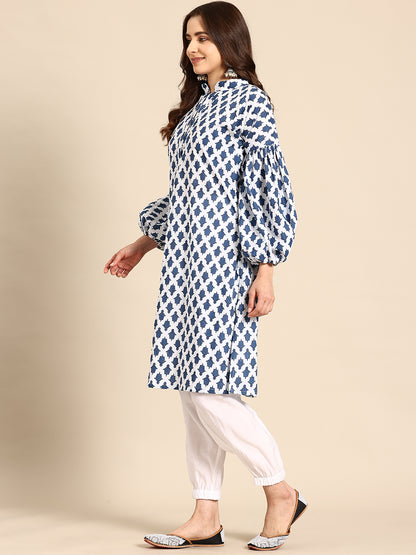 Classic White & Blue Cotton Kurta Set