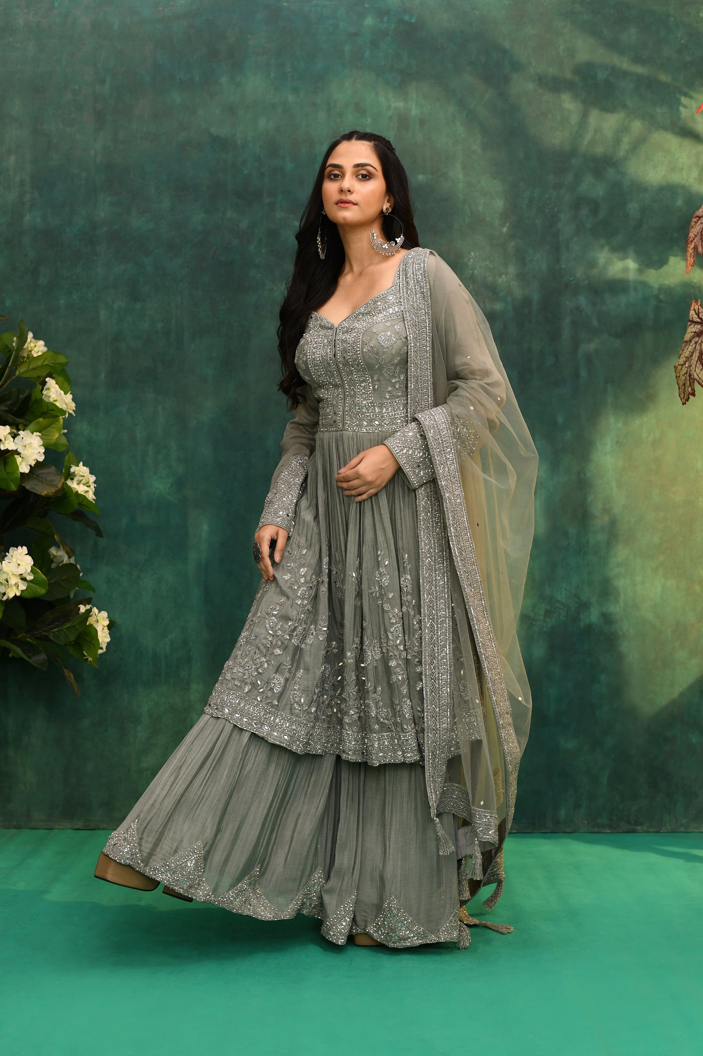 Grey Chanderi & Net Kurta with Palazzo Pants