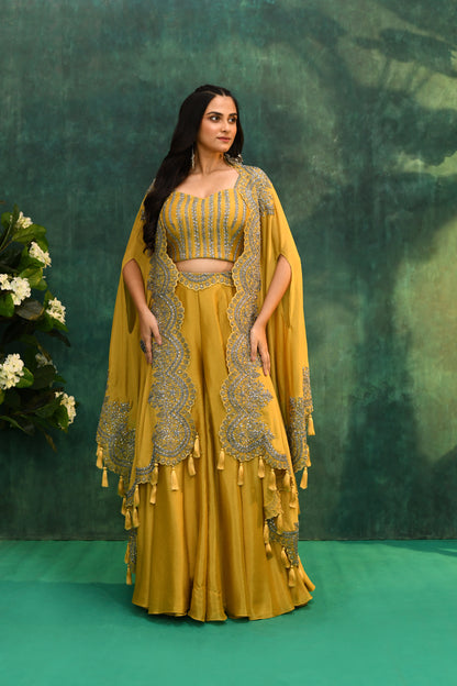 Vibrant Yellow Cape Set with Palazzo Pants & Blouse