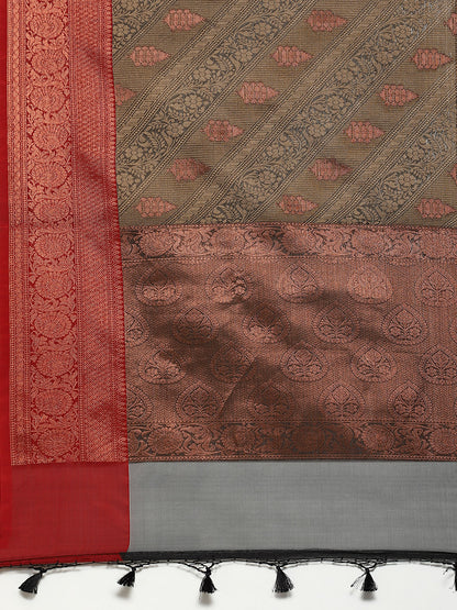 Chocolate brown & Red printed Silk Saree