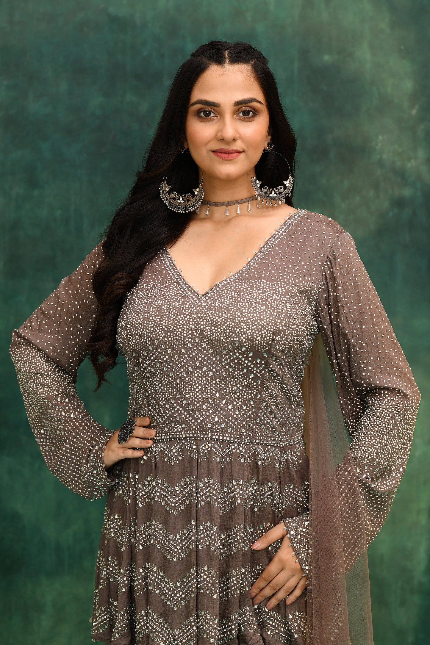 Brown Hand-Embroidered Short Kurta Set