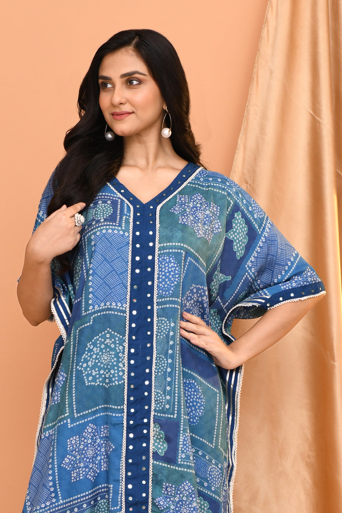 Blue Cotton Print Kaftan Kurta with Palazzo Pants