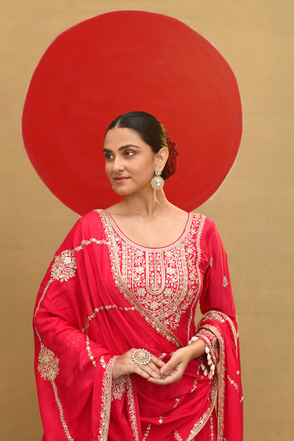 Festive Red Zari Embroidered Kurta Set