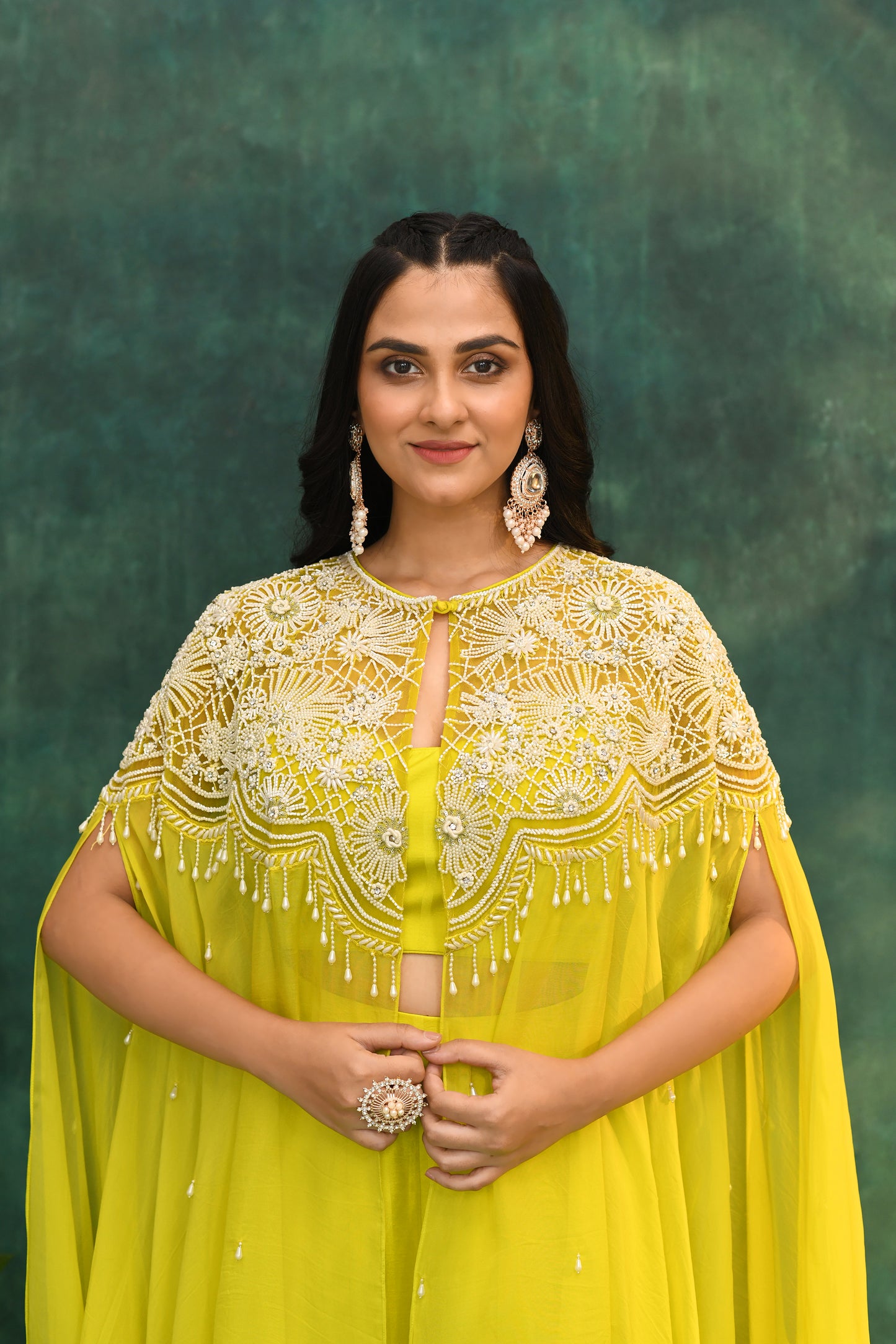 Yellow Silk Cape Jacket with Palazzo Pants