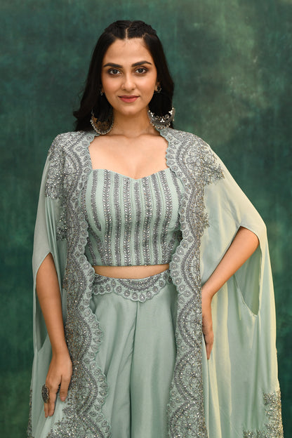 Elegant Grey Cape Set with Palazzo Pants & Blouse