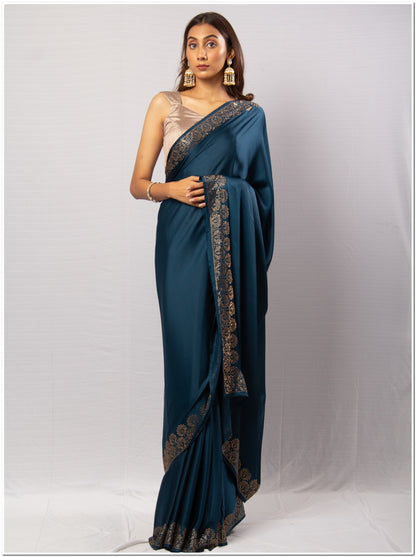 Teal Color Santoon Saree With Blouse Piece.