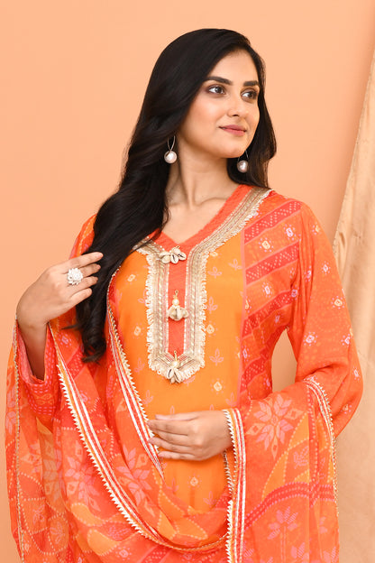 Orange Cotton & Georgette Dupatta Set