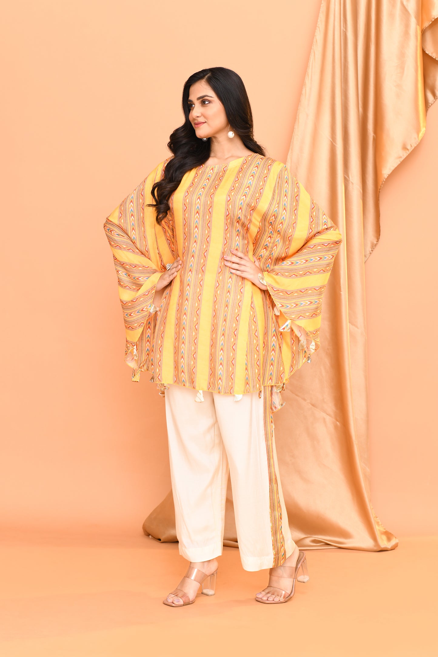 Yellow & White Georgette Kaftan Short Set