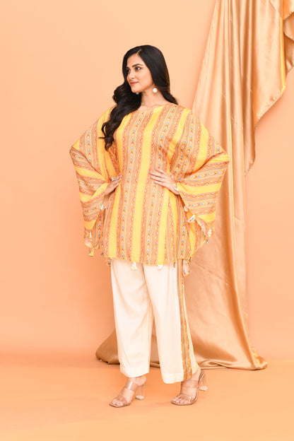 Yellow & White Georgette Kaftan Short Set