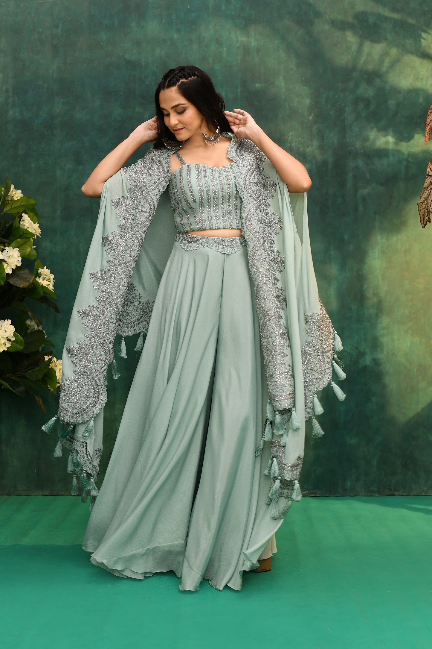 Elegant Grey Cape Set with Palazzo Pants & Blouse