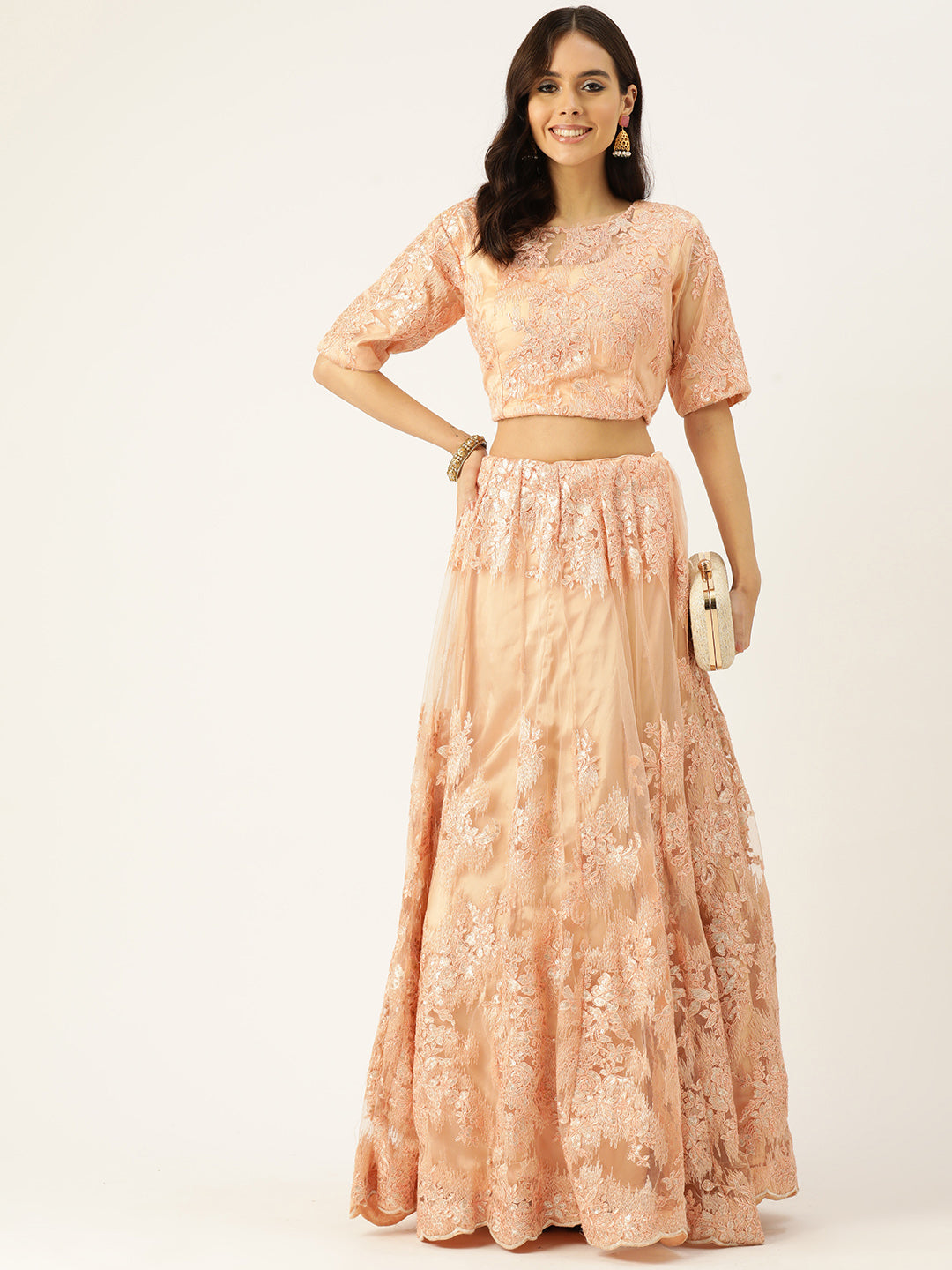 Designer Peach Net Lehenga