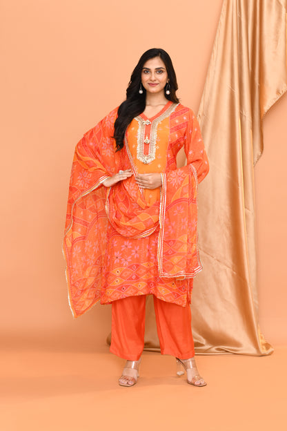 Orange Cotton & Georgette Dupatta Set