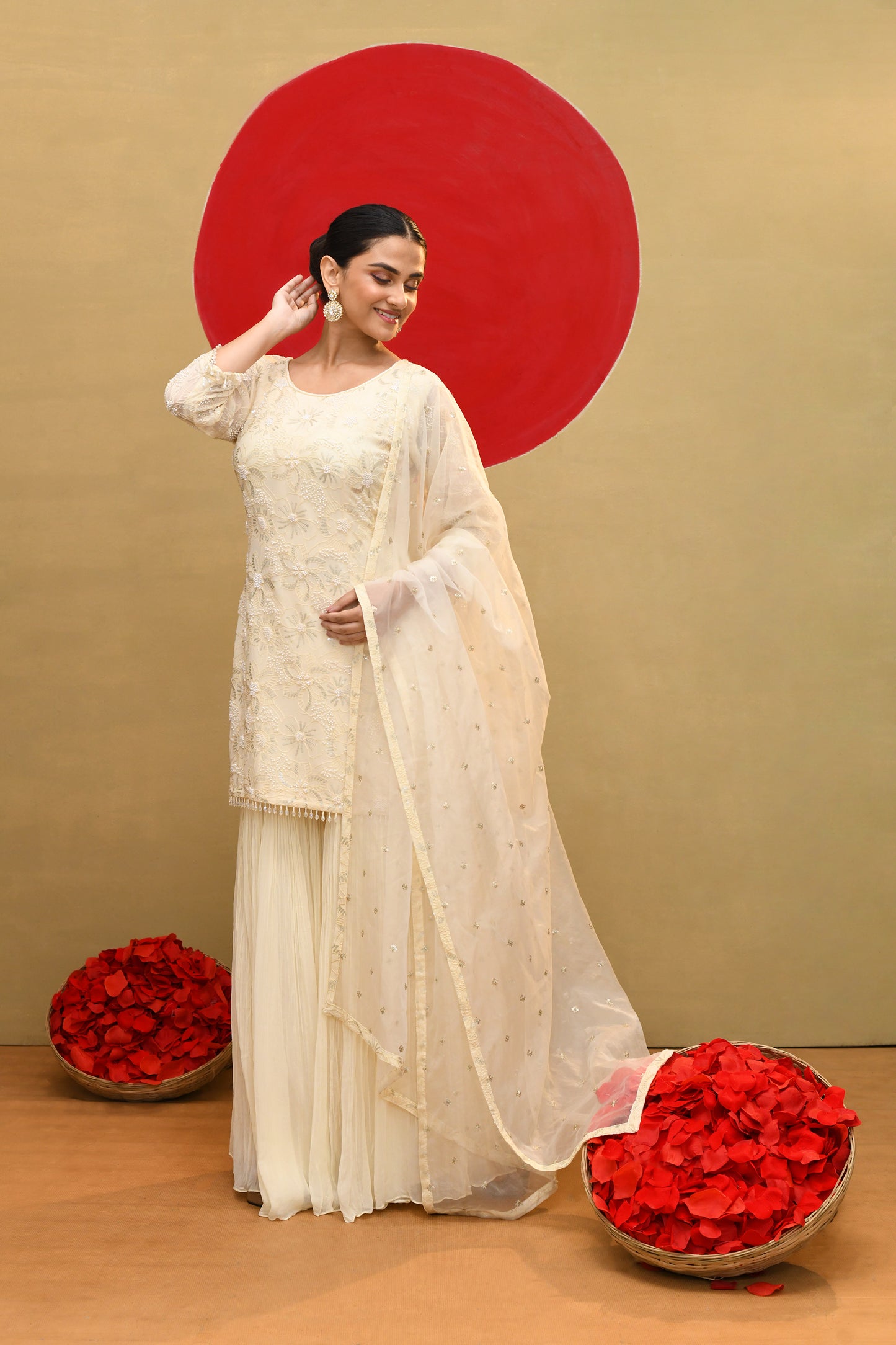 Off-White Floral Embroidered Kurta with Sharara Pants