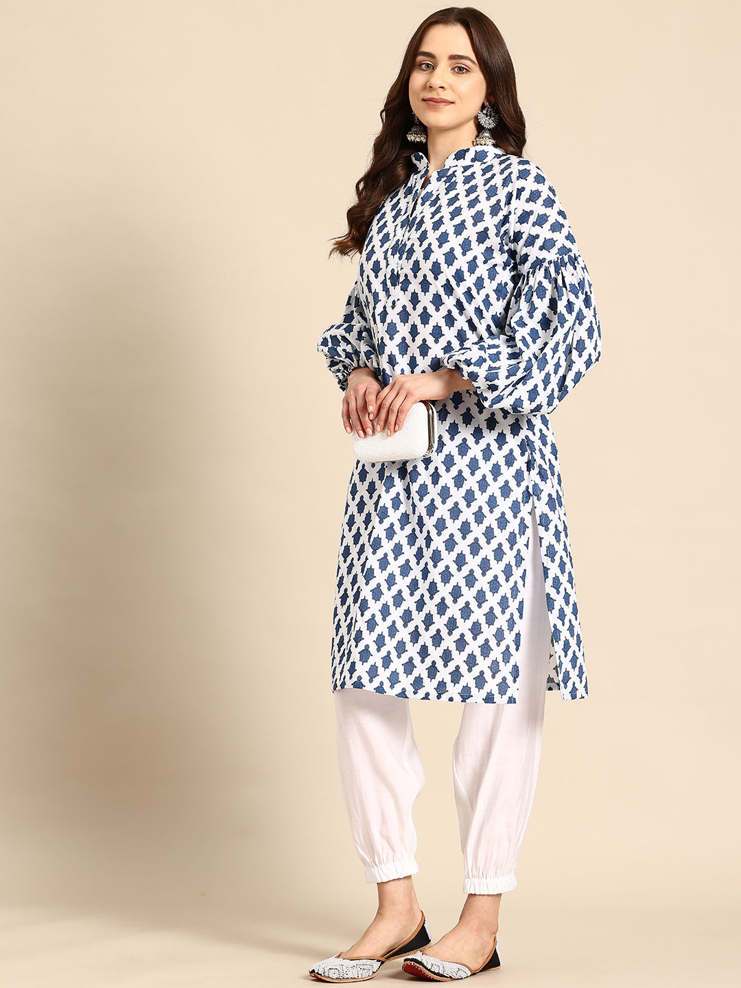 Classic White & Blue Cotton Kurta Set