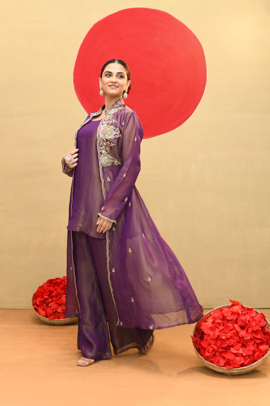 Stylish Purple Jacket Set with Pants & Kurta