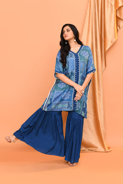 Blue Cotton Print Kaftan Kurta with Palazzo Pants