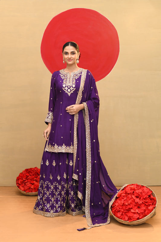 Purple Silk & Georgette Sharara Set