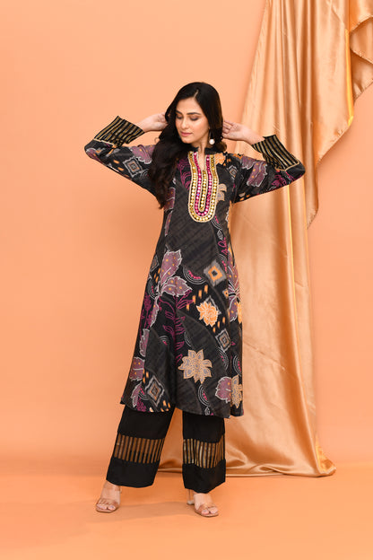 Black Cotton Print Kurta Pant Set