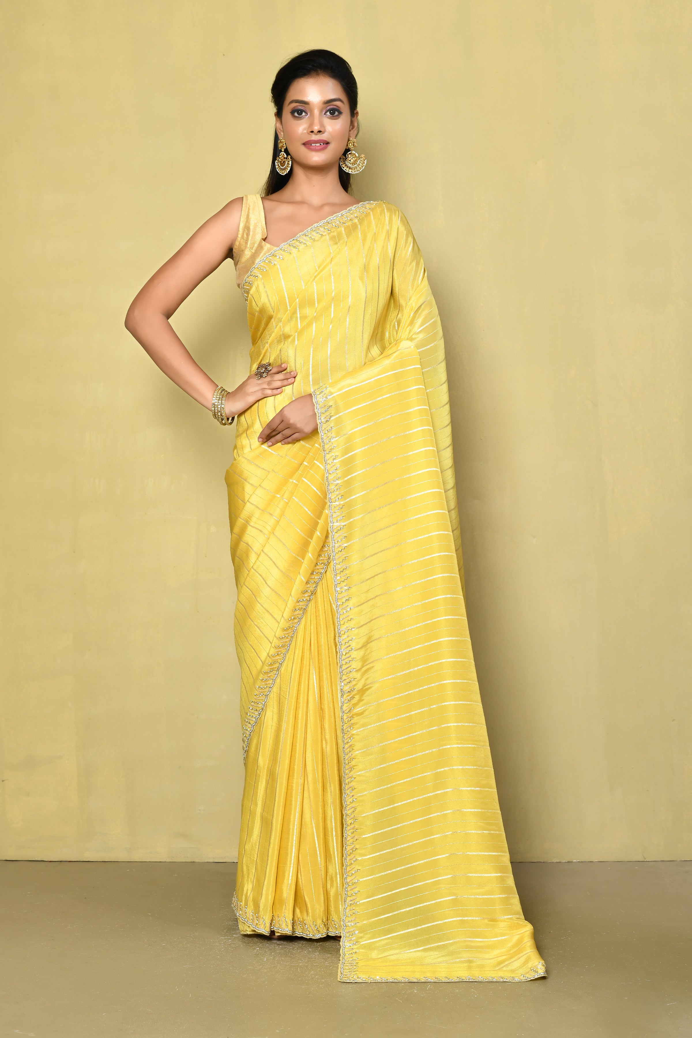 Womens Fashion Clothes Lace Embroidered Poly Silk Turmeric Yellow Saree |SARV137138