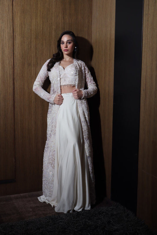 Silk White Indowestern Skirt Set