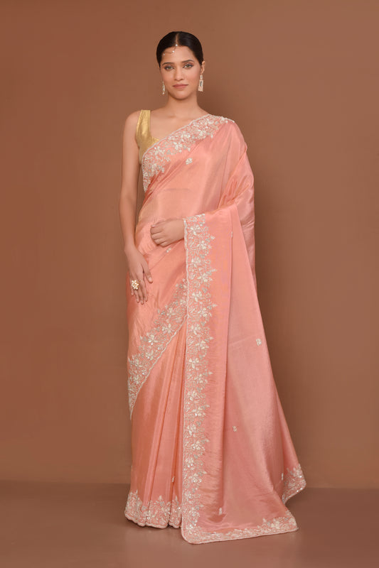 Designer Peach Tissue Saree