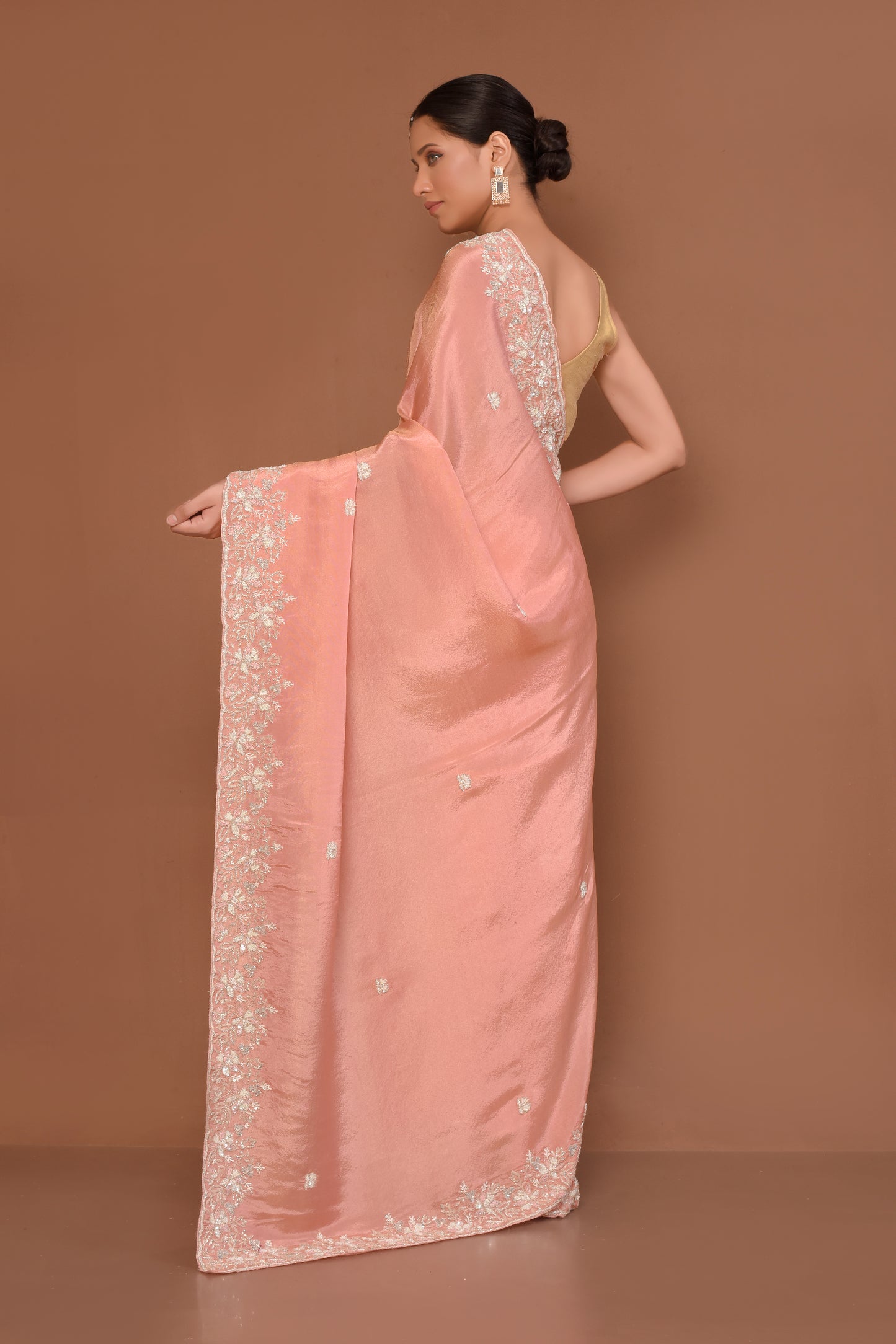 Designer Peach Tissue Saree