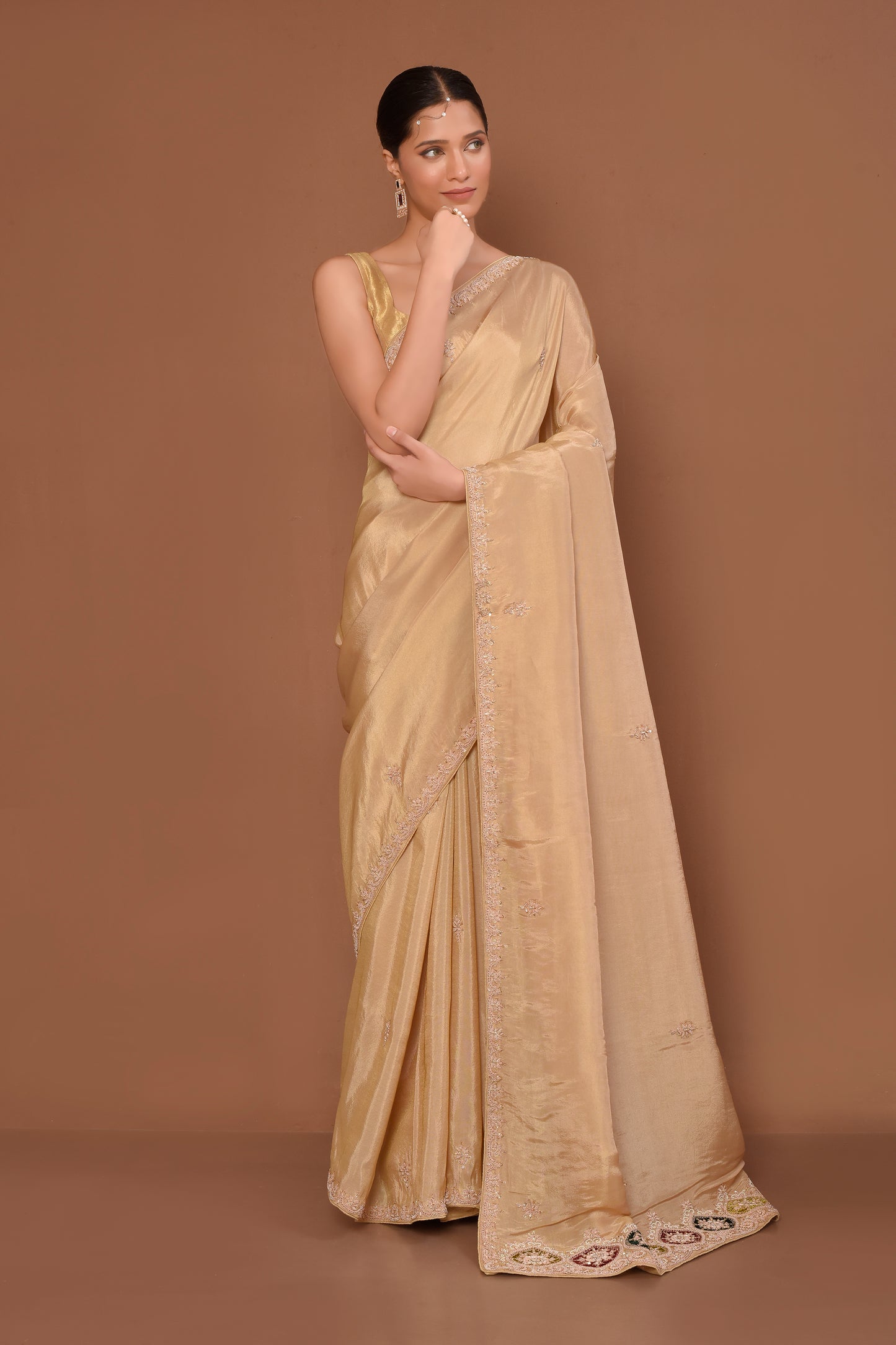 Designer Beige Tissue Saree