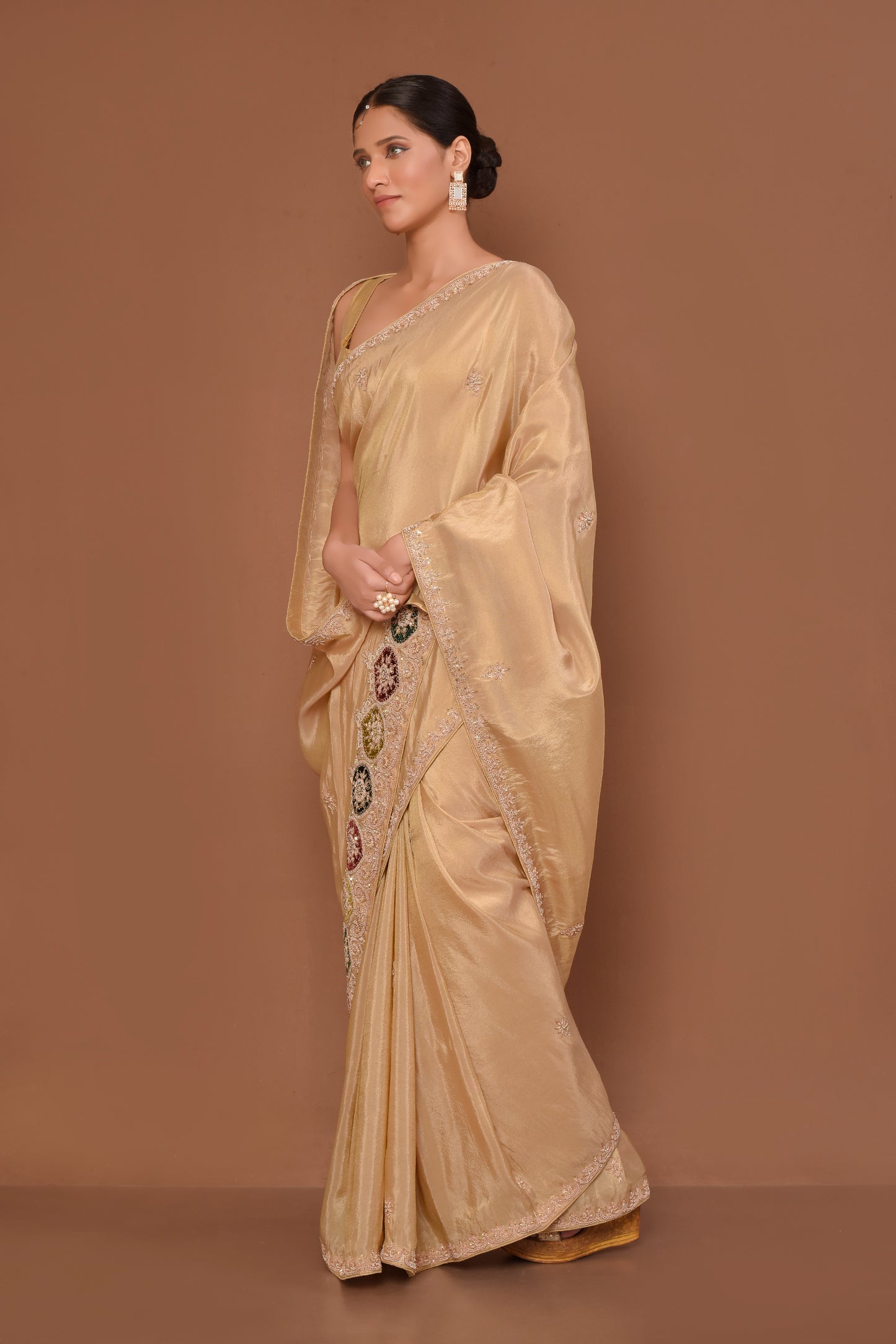 Designer Beige Tissue Saree