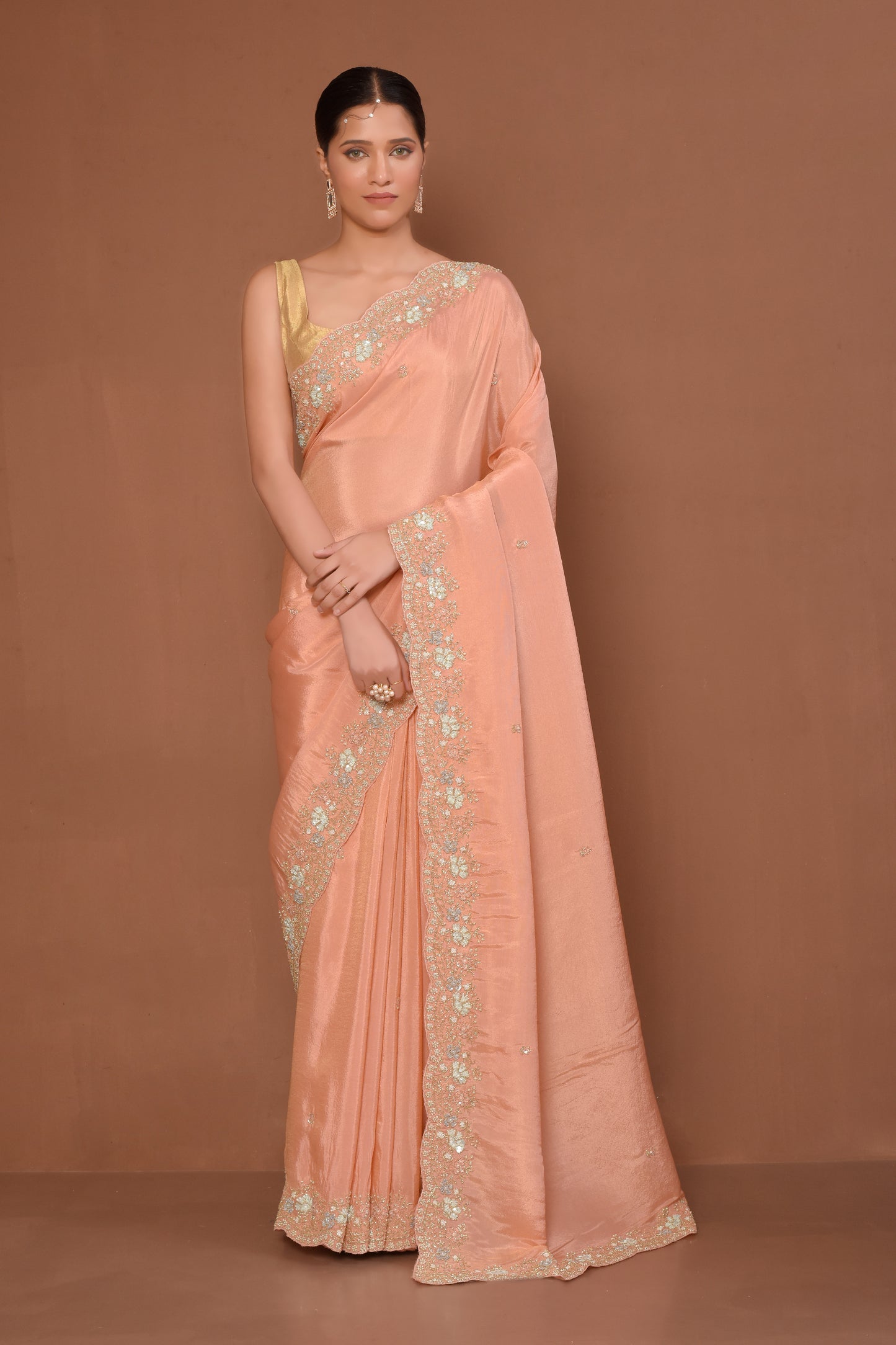 Designer Peach Tissue Saree