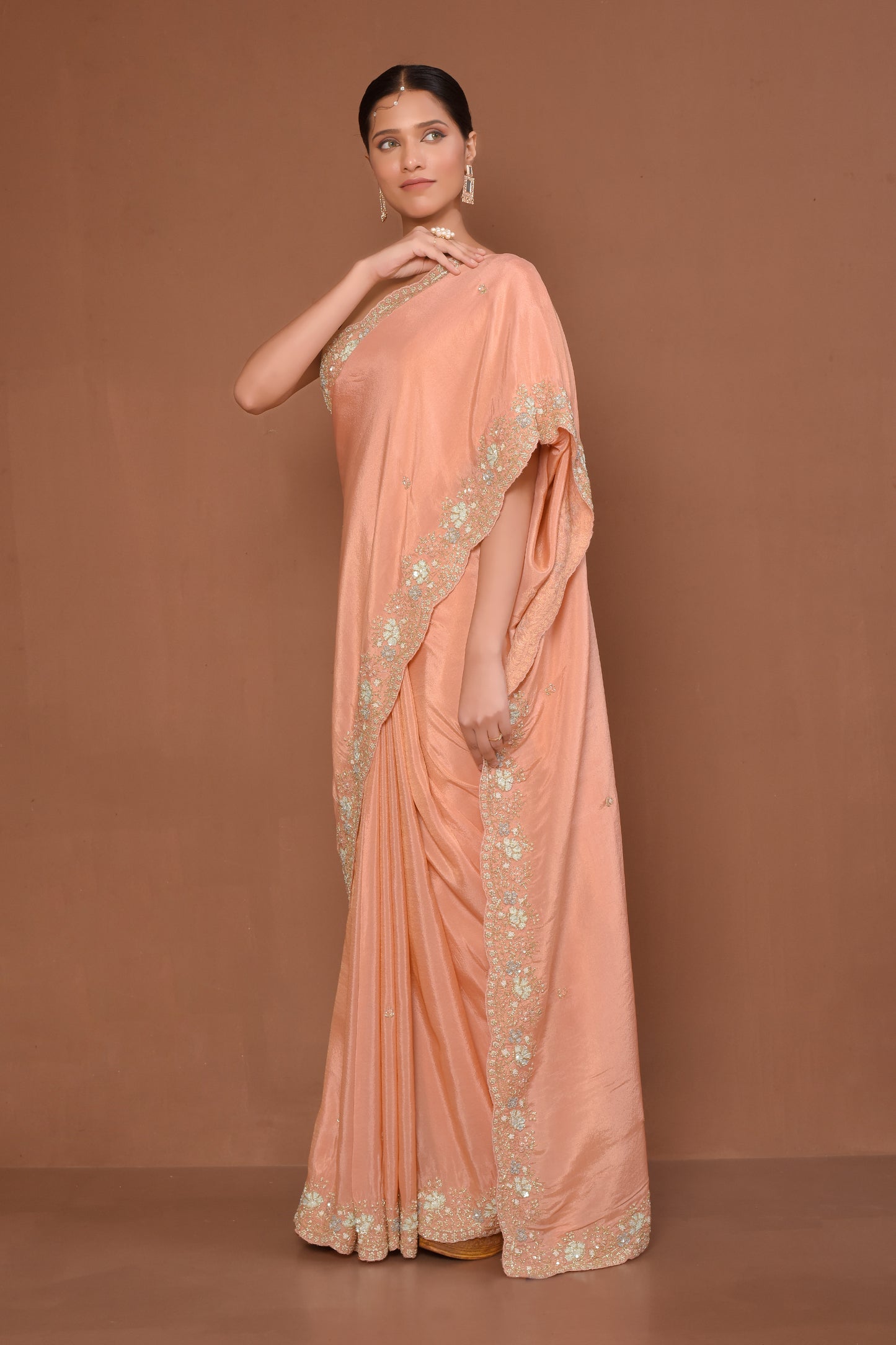 Designer Peach Tissue Saree