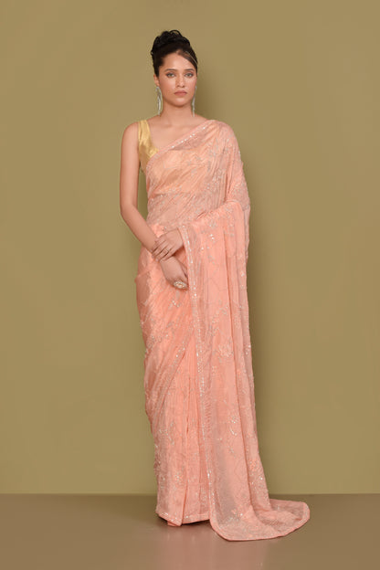 Designer Peach Tissue Saree