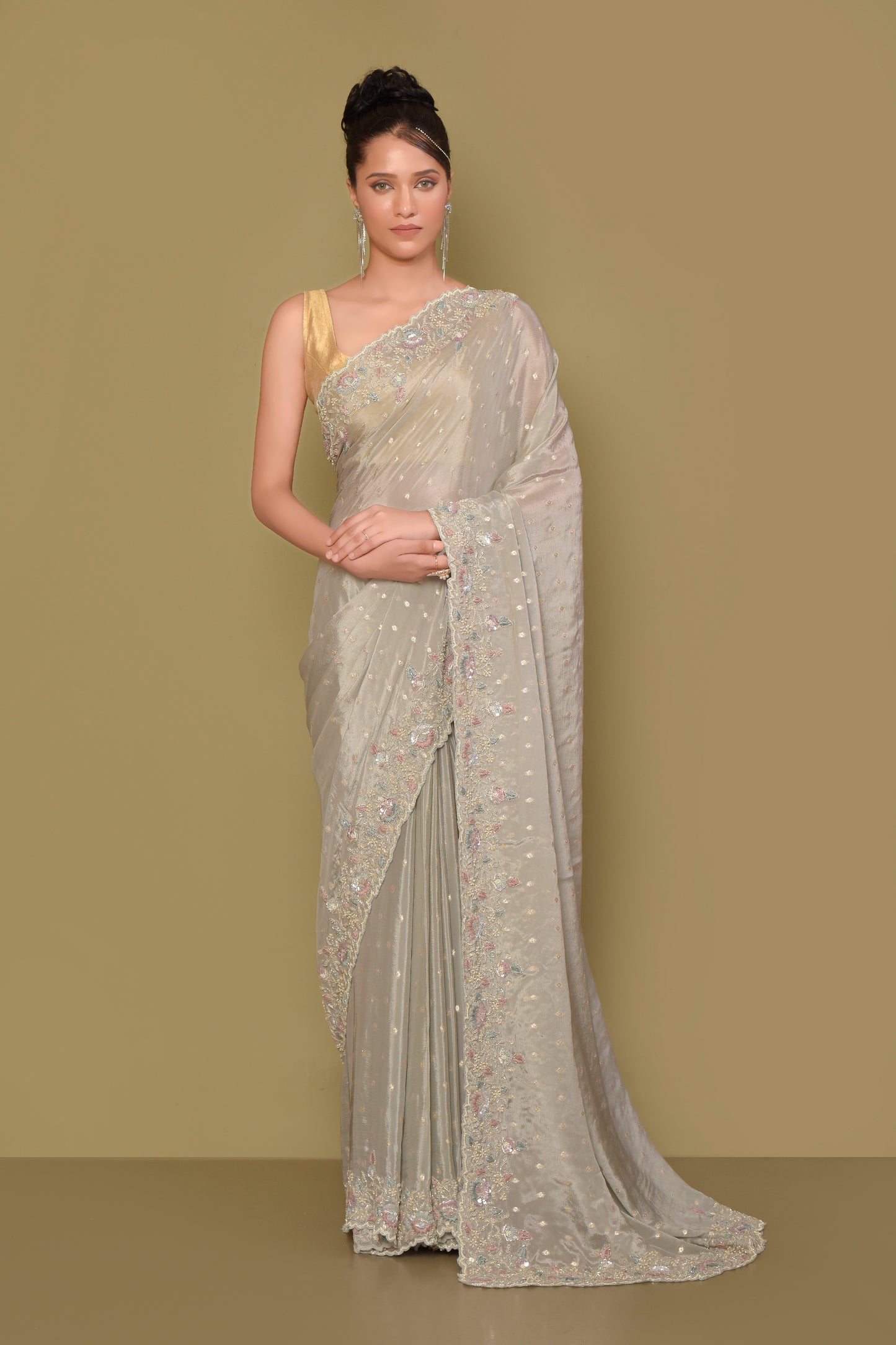 Designer Grey Tissue Saree