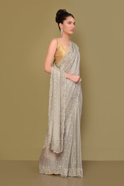 Designer Grey Tissue Saree