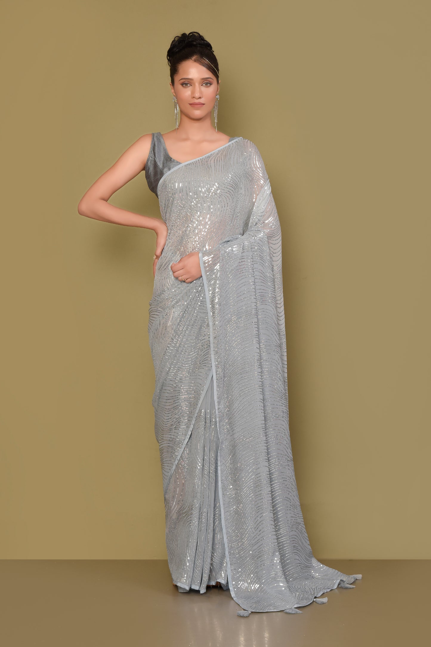 Designer Grey Georgette Saree