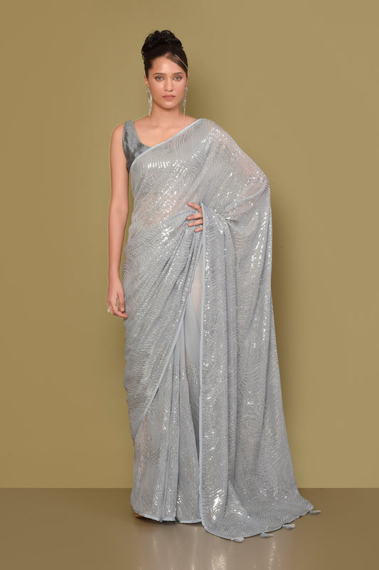 Designer Grey Georgette Saree