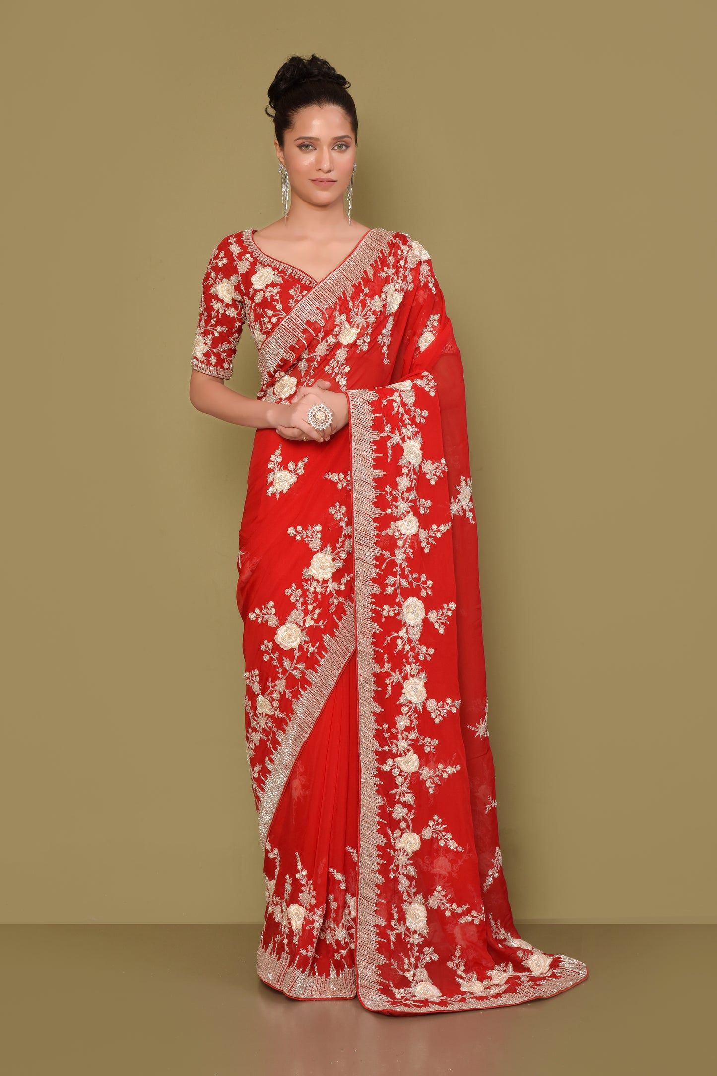 Designer Red Georgette Saree