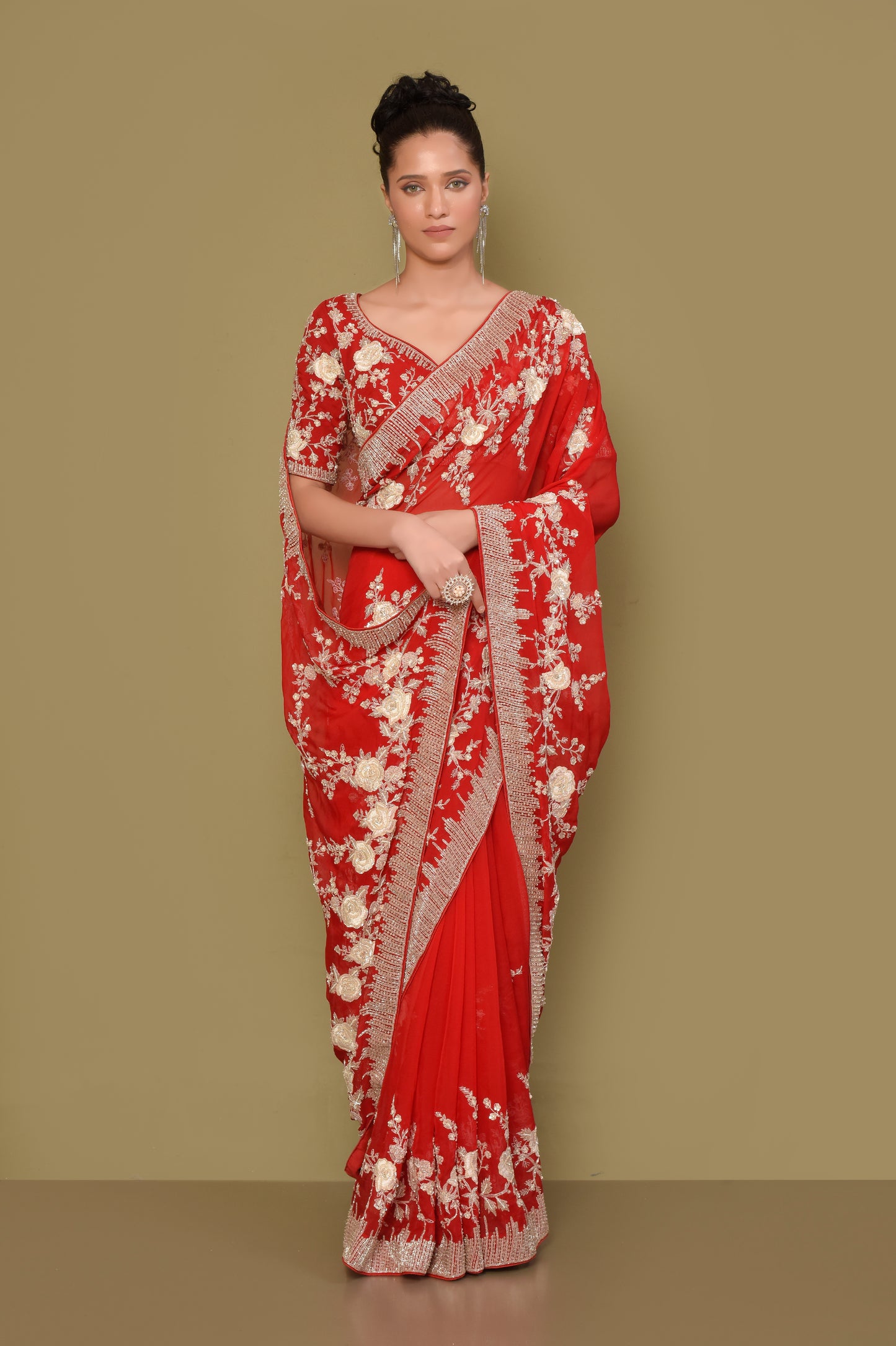 Designer Red Georgette Saree