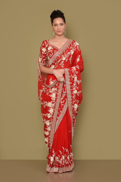 Designer Red Georgette Saree