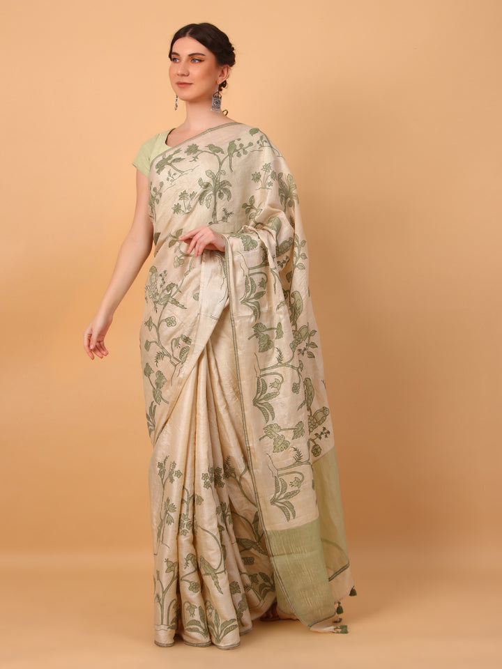 Green Tussar Saree with Patchwork and Unstitched Blouse