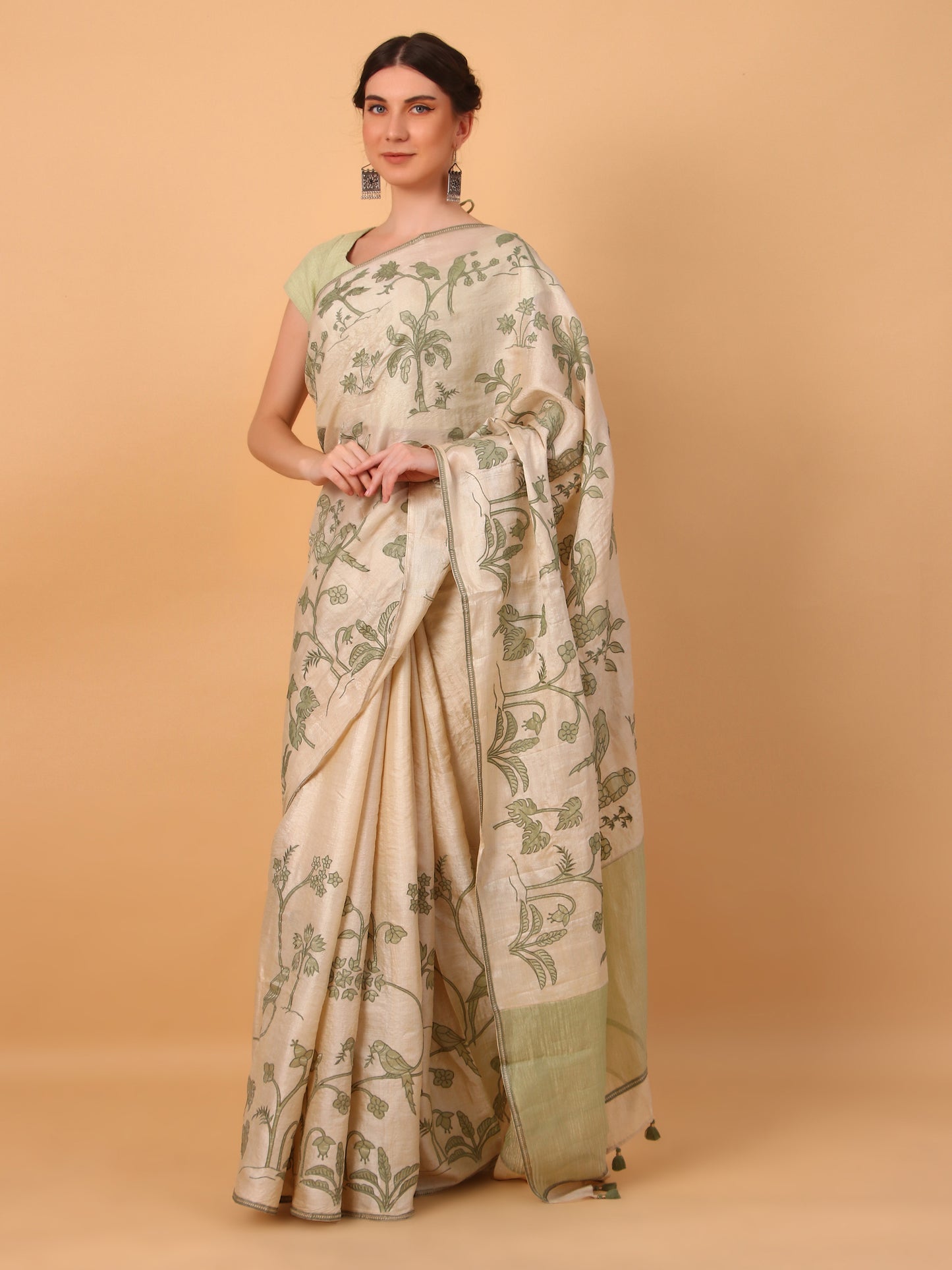 Green Tussar Saree with Patchwork and Unstitched Blouse