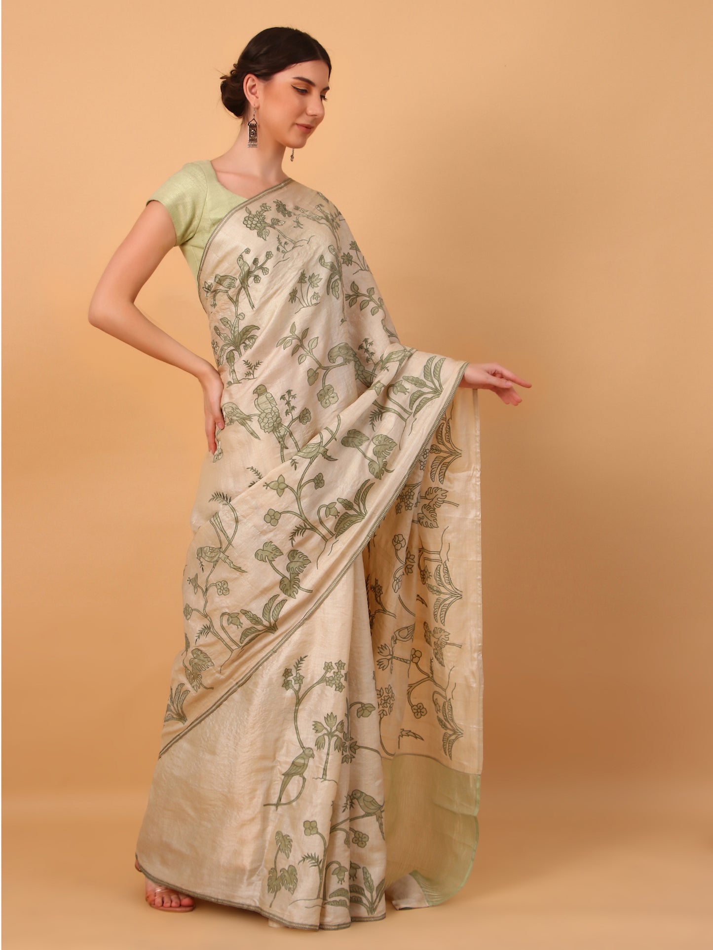 Green Tussar Saree with Patchwork and Unstitched Blouse