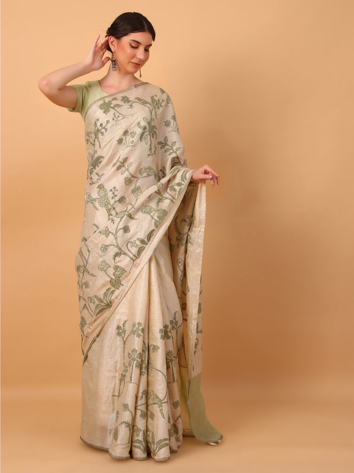 Green Tussar Saree with Patchwork and Unstitched Blouse